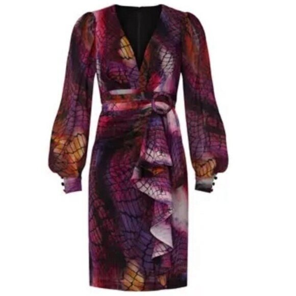 flor et.al Lauper Dress Long Sleeve Mini Snake Print Size 8 Evening Ruffle 70s - Picture 1 of 12